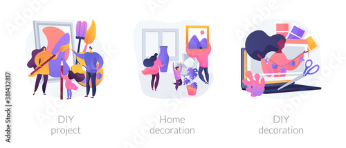 Family house decor abstract concept vector illustration set. DIY decoration project, home holiday indoor decorative ideas, craft gift, house design, online tutorial, handmade abstract metaphor.