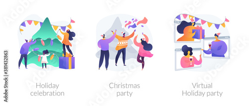 Winter holiday tradition abstract concept vector illustration set. Holiday celebration, christmas party, virtual holiday party, home decoration, corporate event, online greeting abstract metaphor.