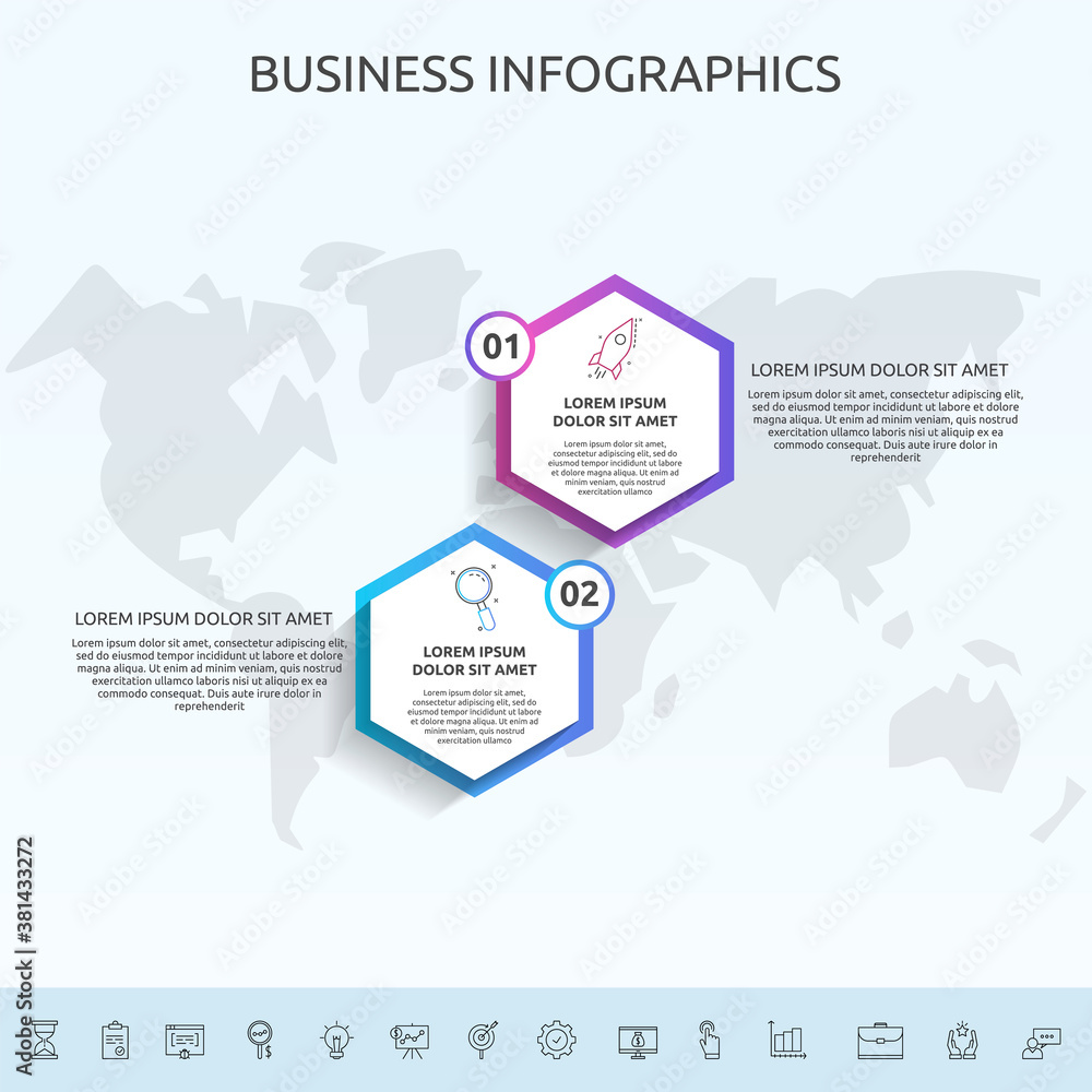 Infographics hexagon with 2 circles, labels. Vector template used for diagram, business, web, banner, workflow layout, presentations, flowchart, info graph, content, levels, chart, processes diagram