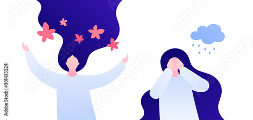 Mental help, psychotherapy and depression concept. Vector flat illustration. Woman in happy and unhappy emotion pose isolated on white. Flower and rainy cloud symbol. Design for psychology banner.