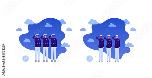 Army and patriotism concept. Military and police character in mess uniform. Vector flat people illustration. Diverse human group in salute pose. Design element for banner, web, infographic.