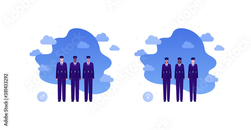 Army patriotism concept. Military and police character in uniform. Vector flat people illustration. Diverse human group of male and female in attention pose. Design for banner, web, infographic