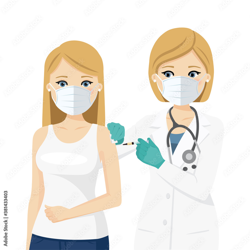 Doctor vaccinating patient using a syringe. Nordic people. Vector illustration Doctor vaccinating patient using a syringe. Nordic people. Vector illustration