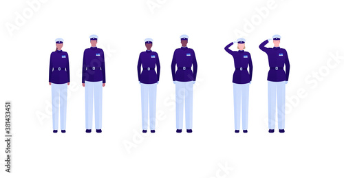 Army patriotism concept. Military and police character in mess uniform. Vector flat people illustration. Man and woman diverse human group. Attention, salute pose. Design for banner, web, infographic