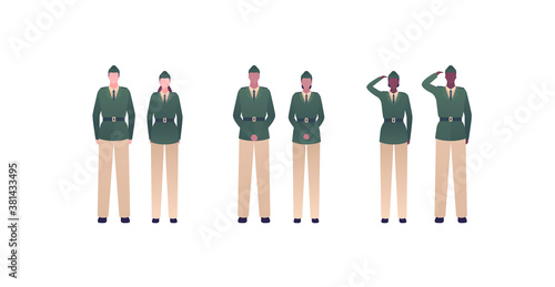 Army patriotism concept. Military infantry officer character in uniform. Vector flat people illustration. Man and woman diverse caucasian, african, hispanic group isolated on white background