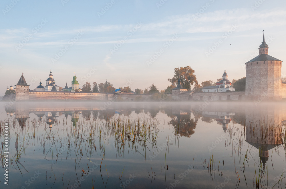 Magnificent landscape at the Orthodox monastery, dawn, lake