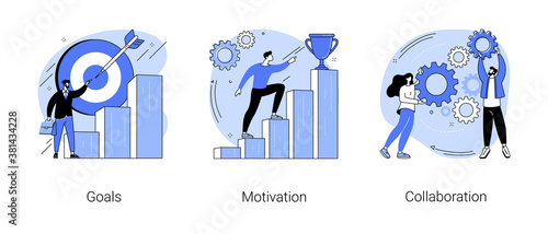 Business growth abstract concept vector illustration set. Goals, motivation and collaboration, achievement and coaching, enterprise cooperation, business meeting, smart planning abstract metaphor.