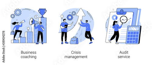 Consulting company abstract concept vector illustration set. Business coaching, crisis management, audit service, goal achievement, mentoring, risk management, accounting firm abstract metaphor.
