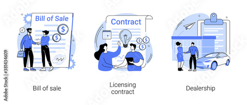 Business documents abstract concept vector illustration set. Bill of sale, licensing contract, dealership, intellectual property agreement, authorized dealer, electronic signature abstract metaphor.