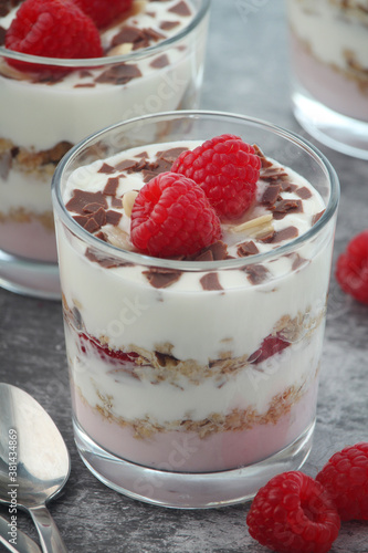 Granola with yogurt trifles with raspberry