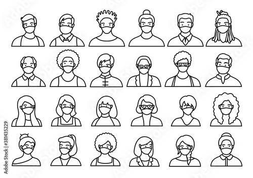 Contour set of persons, avatars, people heads of different ethnicity and age in flat style. Multi nationality social networks line people faces collection.