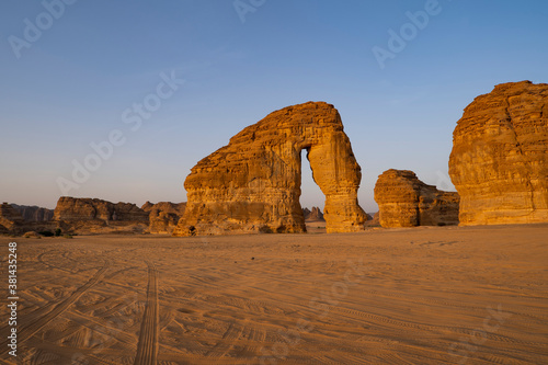 Morning sunrise view of Elephant Rock natural geological formation, Al Ula, western Saudi Arabia photo
