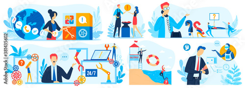 Customer support assistant online service vector illustration set. Cartoon flat virtual online technical assistance collection with call center hotline operator supporting clients isolated on white
