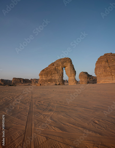 Morning sunrise view of Elephant Rock natural geological formation, Al Ula, western Saudi Arabia