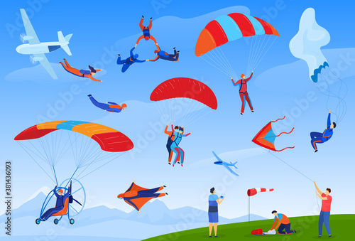 Skydiving extreme sport vector illustration set. Cartoon flat parachute skydiver sportsman characters jumping out of plane with parachutes, parachutist people skydive, danger adrenaline background