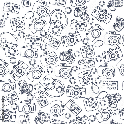 seamless pattern with collection of camera on monochrome background. hand drawn background. modern scribble for kids, wallpaper, cover, fabric, wrapping paper and gift. doodle camera. cartoon style. 
