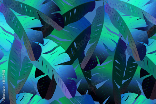  Seamless pattern white palm leaves.Summer night vector illustration.