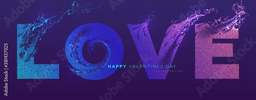 Love lettering. 14 february Valentines Day holiday background. Glowing particles liquid dynamic flow. Trendy fluid cover design. Eps10 vector illustration