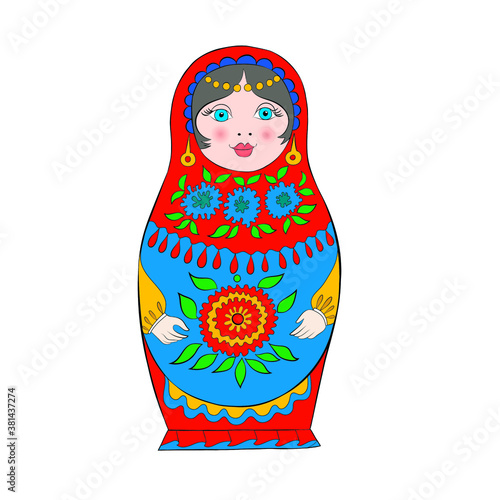 Russian folk doll, matryoshka doll in a scarf isolated on a white background. Vector bright color image, for background, design, illustration, logo.