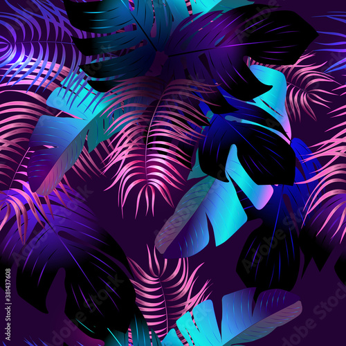  Seamless pattern white palm leaves.Summer night vector illustration.