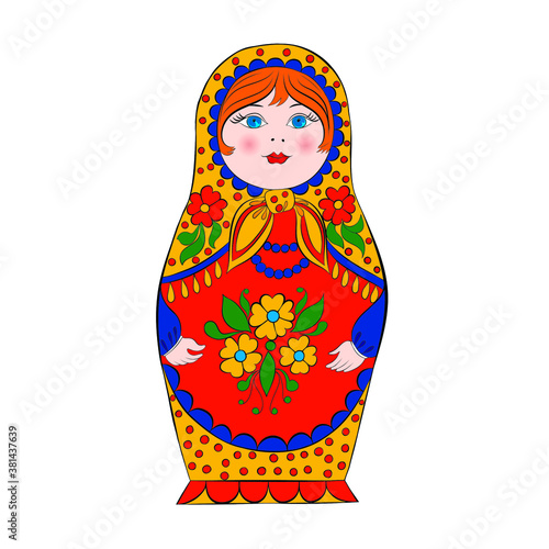 Russian folk doll, matryoshka doll in a scarf isolated on a white background. Vector bright color image, for background, design, illustration, logo.