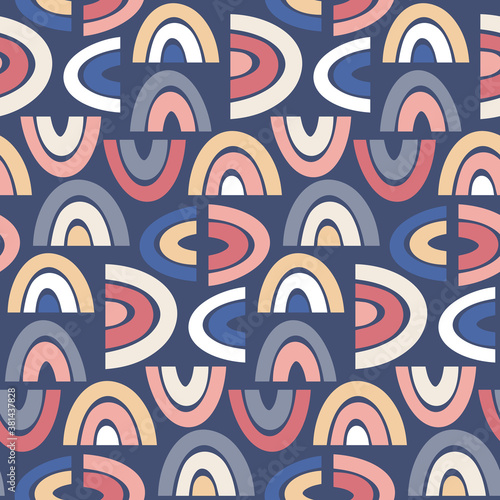 Hand drawn seamless vector pattern with rainbows. Flat baby background. Cute scandi pattern for baby apparel, nursery, textile. Creative kids illustration