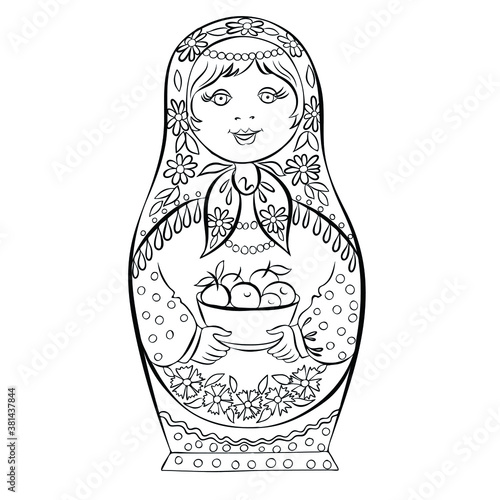 Russian folk doll, matryoshka doll in a scarf isolated on a white background. Vector black and white image, for background, design, illustration, coloring.