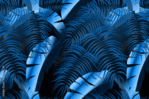 Seamless pattern white palm leaves.Summer night vector illustration.