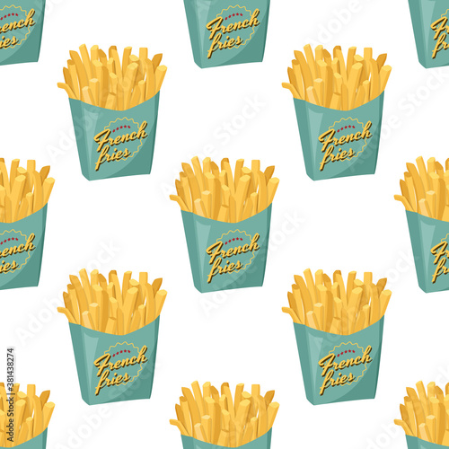 French fries in green paper box background. Fastfood vector seamless pattern.