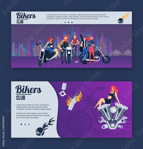Biker club vector illustration set. Cartoon flat banner collection with motorbike rider and tattooed rocker characters standing next to motorcycles in urban cityscape, girl sitting on bike equipment