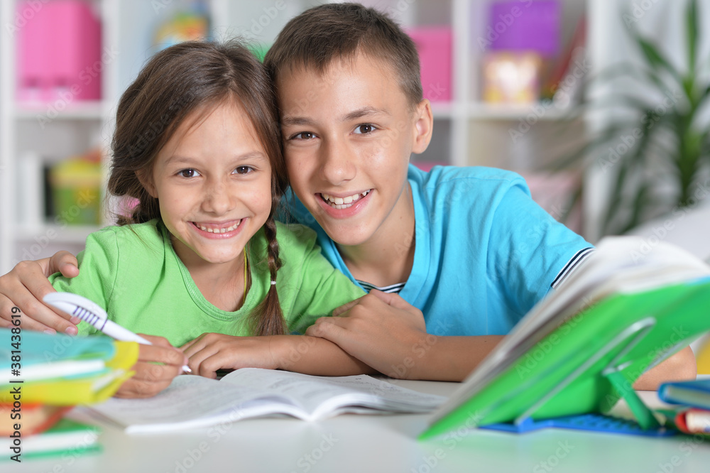 Obraz premium Close up portrait of brother and sister doing homework together