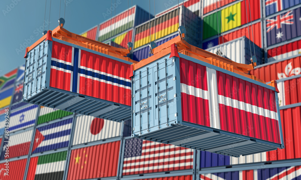 Freight containers with Norway and Denmark national flag. 3D Rendering