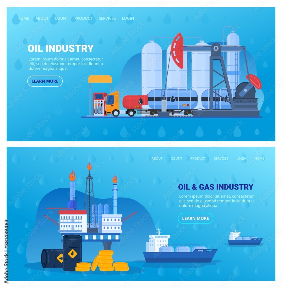 Oil industry vector illustration set. Cartoon flat industrial flat banner collection with drilling rig tower station or offshore platform, crude oil, petroleum gasoline storage tank and transportation