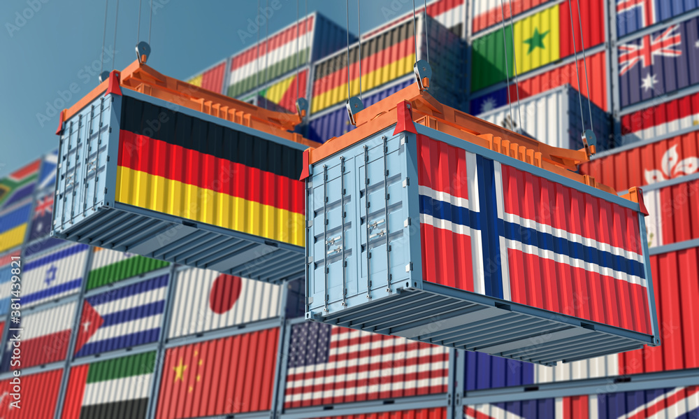Freight containers with Norway and German national flag. 3D Rendering