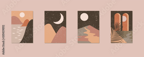 Minimalist wall art. Abstract landscapes for boho esthetic interior. Home decor wall prints. Soft pink, terracotta colors with mustard hues. Sun and moon. Contemporary artistic EPS 10 printable vector