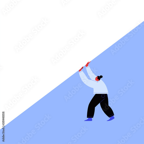 Character pushing up a blank white page. Flat illustration of a woman with a bun hairstyle holding white paper. Template for your content.