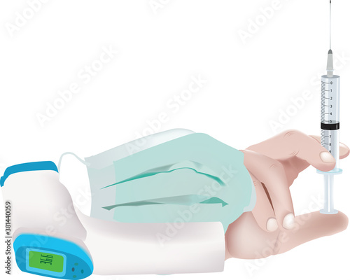 hand with thermometer syringe and surgical mask