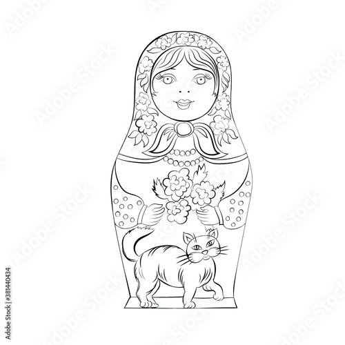 Russian folk doll, matryoshka doll in a scarf isolated on a white background. Vector black and white image, for background, design, illustration, coloring.