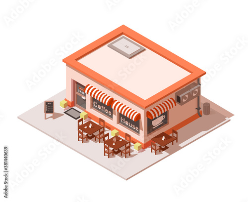 Vector isometric coffee shop or coffeehouse building exterior. Cafe icon