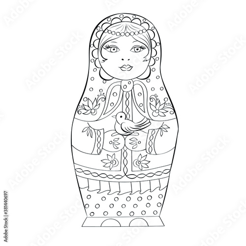Russian folk doll, matryoshka doll in a scarf isolated on a white background. Vector black and white image, for background, design, illustration, coloring.
