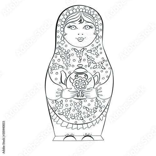 Russian folk doll, matryoshka doll in a scarf isolated on a white background. Vector black and white image, for background, design, illustration, coloring.