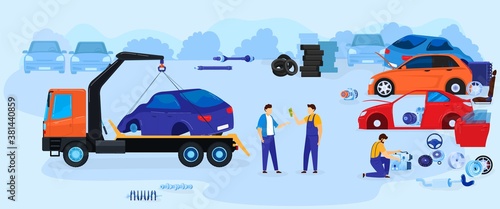 Car dump junkyard vector illustration vector illustration. Cartoon flat junk yard landscape with old auto car for recycling, repairman mechanics work with scrap metal from automobile parts background