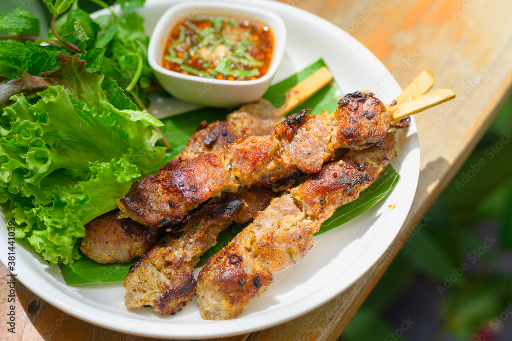Barbecue pork Toast grill or Toast pork with Thai garnish nutrition. Street food of Thailand. Barbecue pork Toast grill or Toast pork with Thai garnish nutrition. Street food of Thailand.