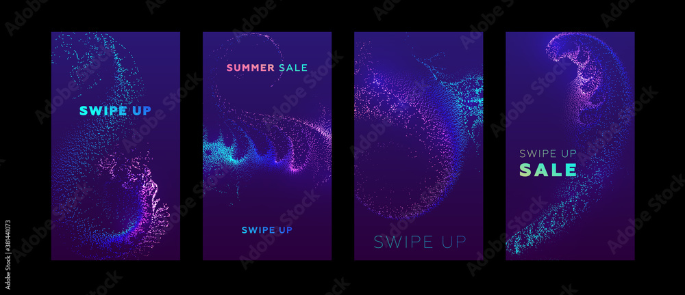 Social media promo sale templates set with swipe up buttons. Liquid dynamic particles fluid flow. Eps10 vector illustration