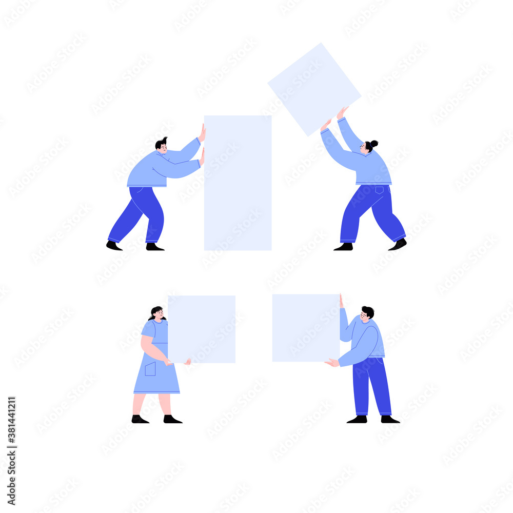 Set of characters holding blank pages. Flat illustration of men and women holding white paper. Template for your content.