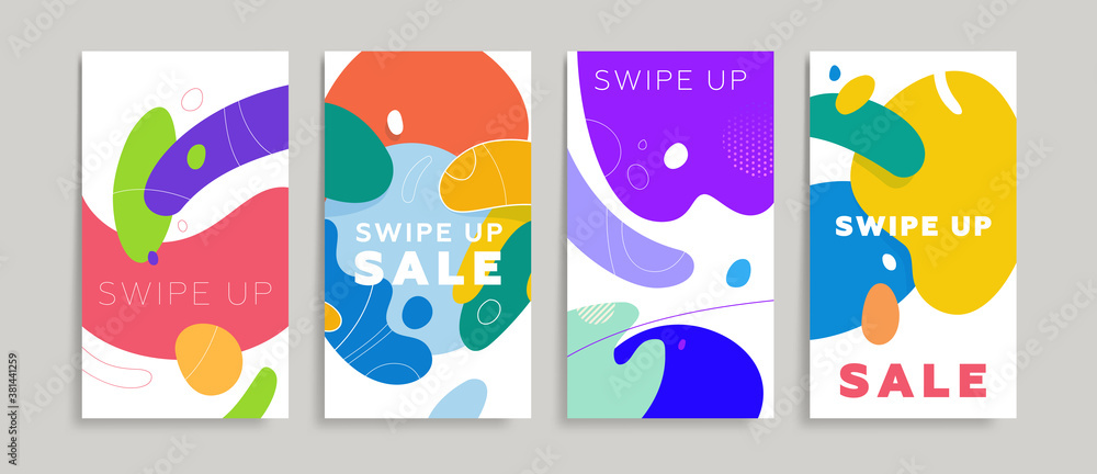 Liquid fluid banners backgrounds set for social media promo, sale flyers and brochures. Swipe up text for trendy design. Eps10 vector illustration