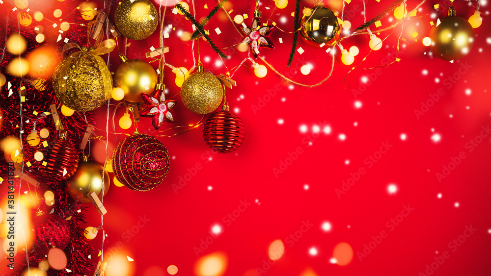 Christmas decoration balls and ornaments over abstract bokeh background with copy space. Holiday background greeting card for Christmas and New Year. Merry Christmas Christmas decoration balls and ornaments over abstract bokeh background with copy space. Holiday background greeting card for Christmas and New Year. Merry Christmas