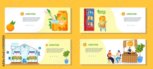 Citrus fruit juice production vector illustration set. Cartoon flat banners with modern greenhouse system for orange farm garden, juicy drink product for grocery store, people drinking juice in bar