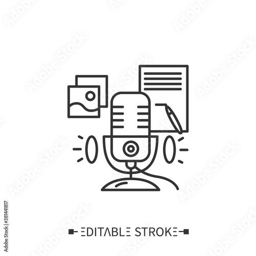 Podcast script line icon. Show plan, shownotes, time codes, links and materials in description. Internet digital recording, online broadcasting concept. Isolated vector illustration. Editable stroke 