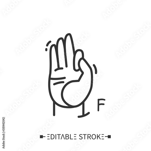 Hand gesture showing F letter line icon. Fingerspelling American language. Sign alphabet for deaf-mutes. Communication for disabled people. OK sign. Mudra. Isolated vector illustration.Editable stroke